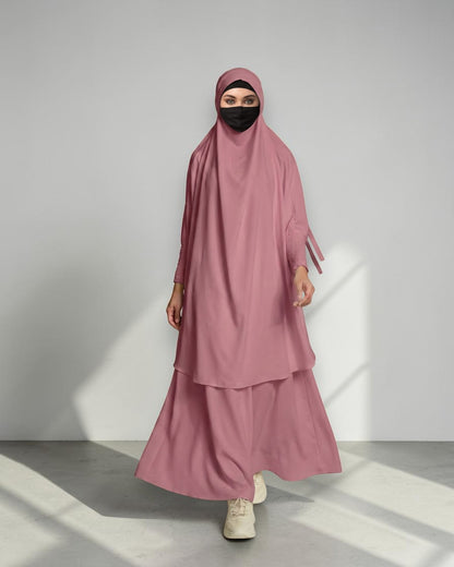 Elegant 2 Piece Jilbab Set in Flow Crepe Fabric with Flared Skirt and Full Size Khimar