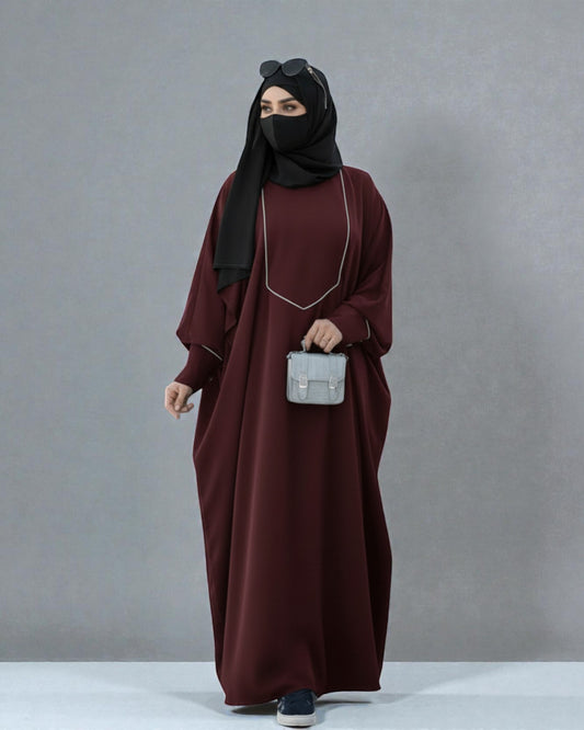 Free Size Kaftan with White Piping, Zipper Opening & Cuffed Sleeves in Premium Fabric, Includes Hijab