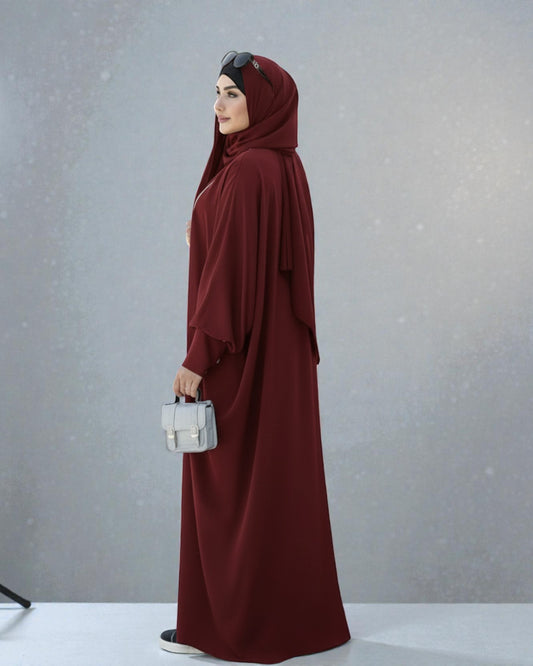 Free Size Kaftan with White Piping, Zipper Opening & Cuffed Sleeves in Premium Fabric, Includes Hijab