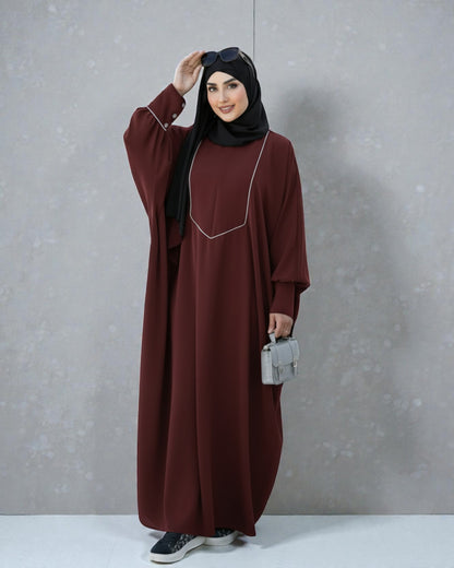 Free Size Kaftan with White Piping, Zipper Opening & Cuffed Sleeves in Premium Fabric, Includes Hijab