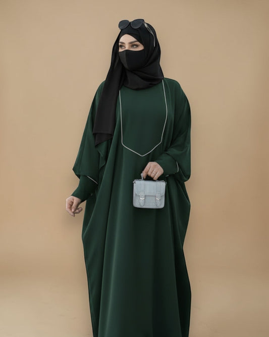 Free Size Kaftan with White Piping, Zipper Opening & Cuffed Sleeves in Premium Fabric, Includes Hijab