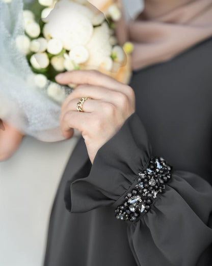 Mahram Charcoal Grey Closed Abaya with Ruffled Beaded Sleeves and Pockets