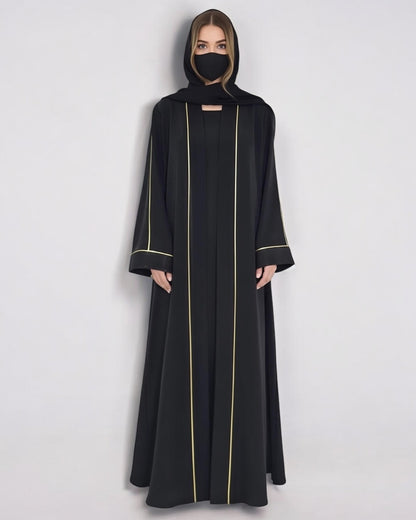 Stylish Burqa with Contrast Piping in Praada Fabric| Black Front Open Abaya