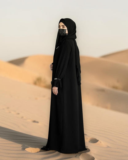 Mahram Black Praada Closed Abaya with Crystal Bell Sleeves and Pockets