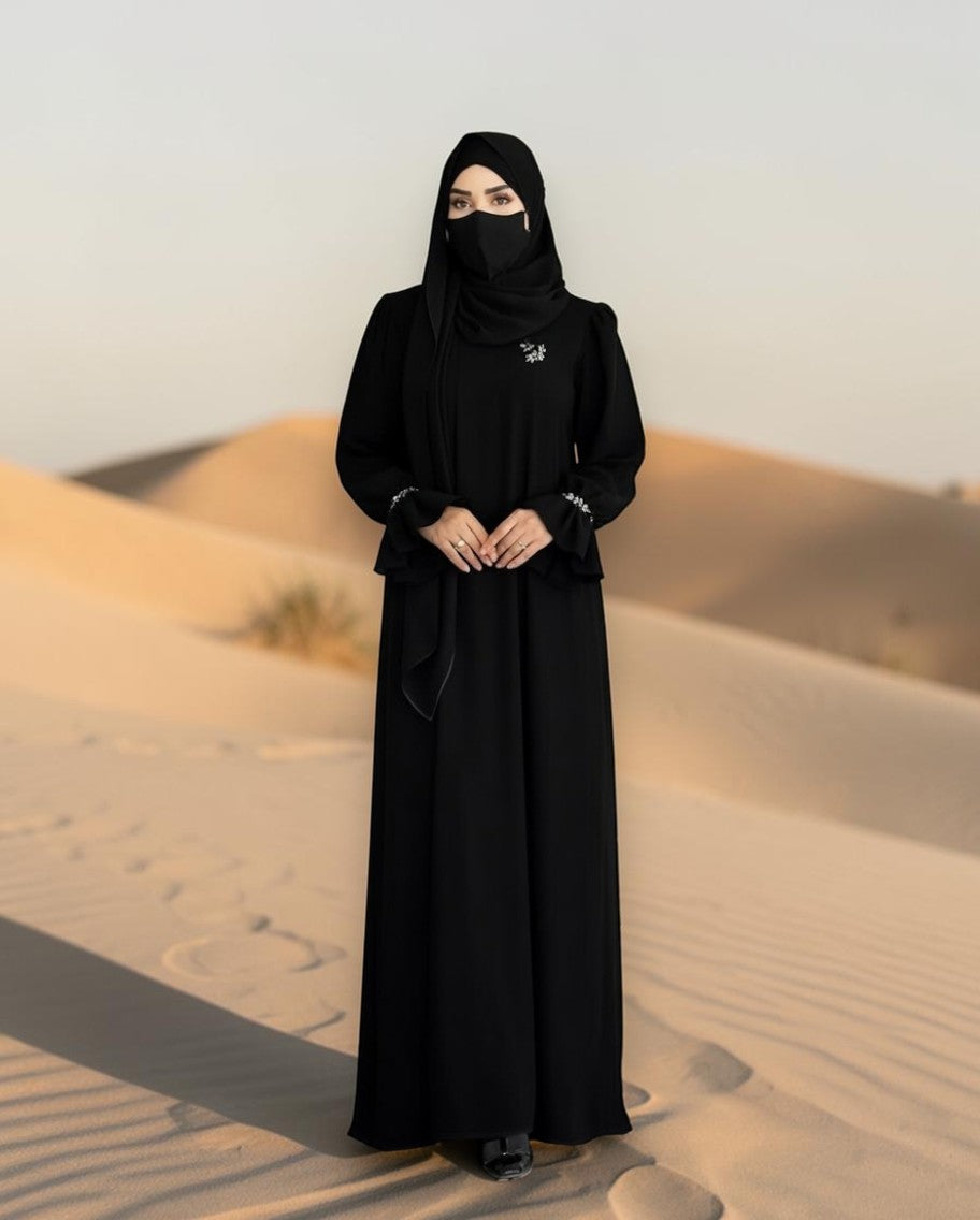 Mahram Black Praada Closed Abaya with Crystal Bell Sleeves and Pockets