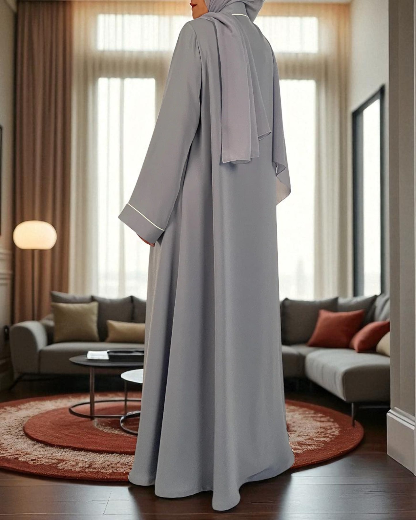 Shrug Abaya Ð Front Open Firdaus Fabric with Contrast Piping and Inner