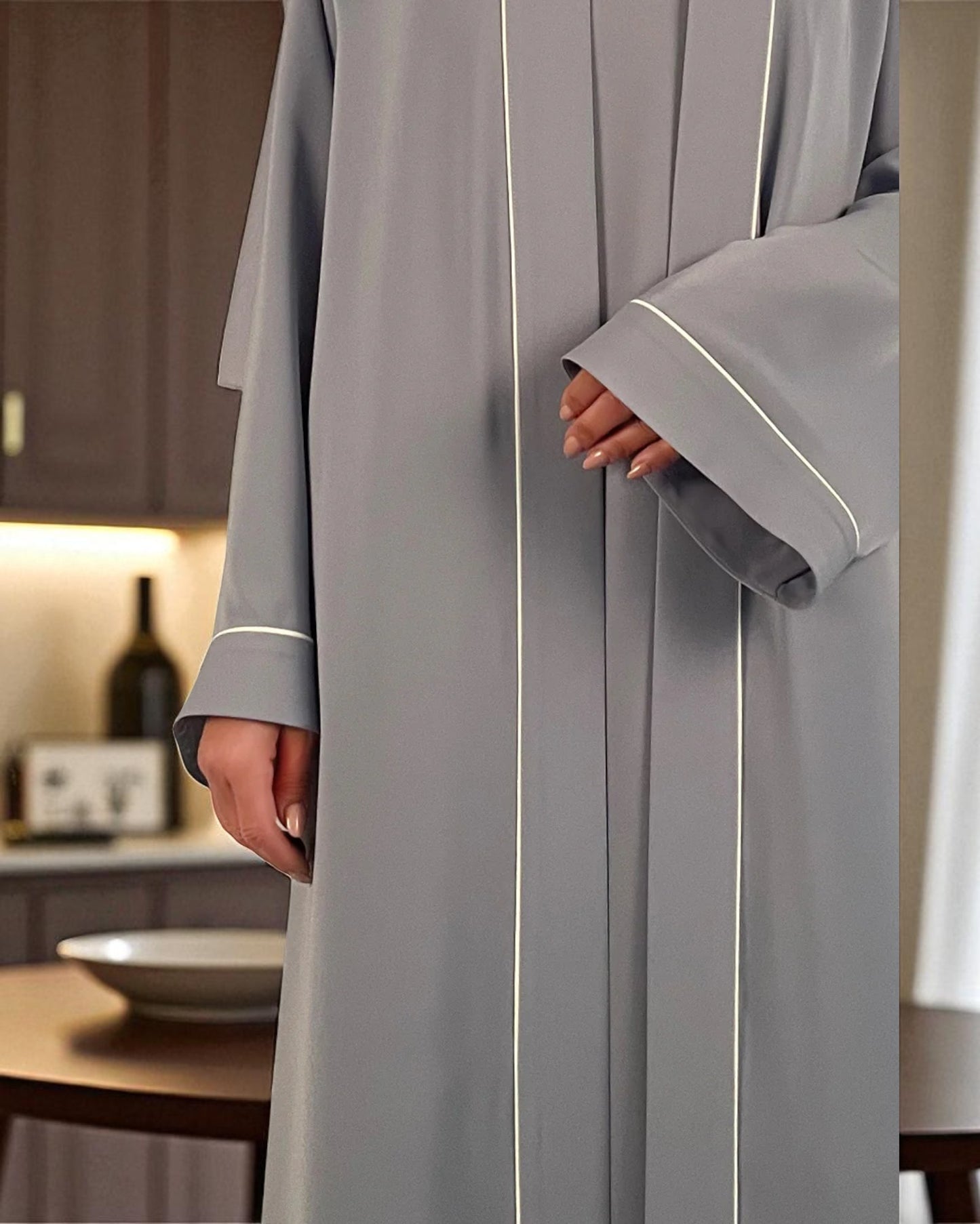 Shrug Abaya Ð Front Open Firdaus Fabric with Contrast Piping and Inner