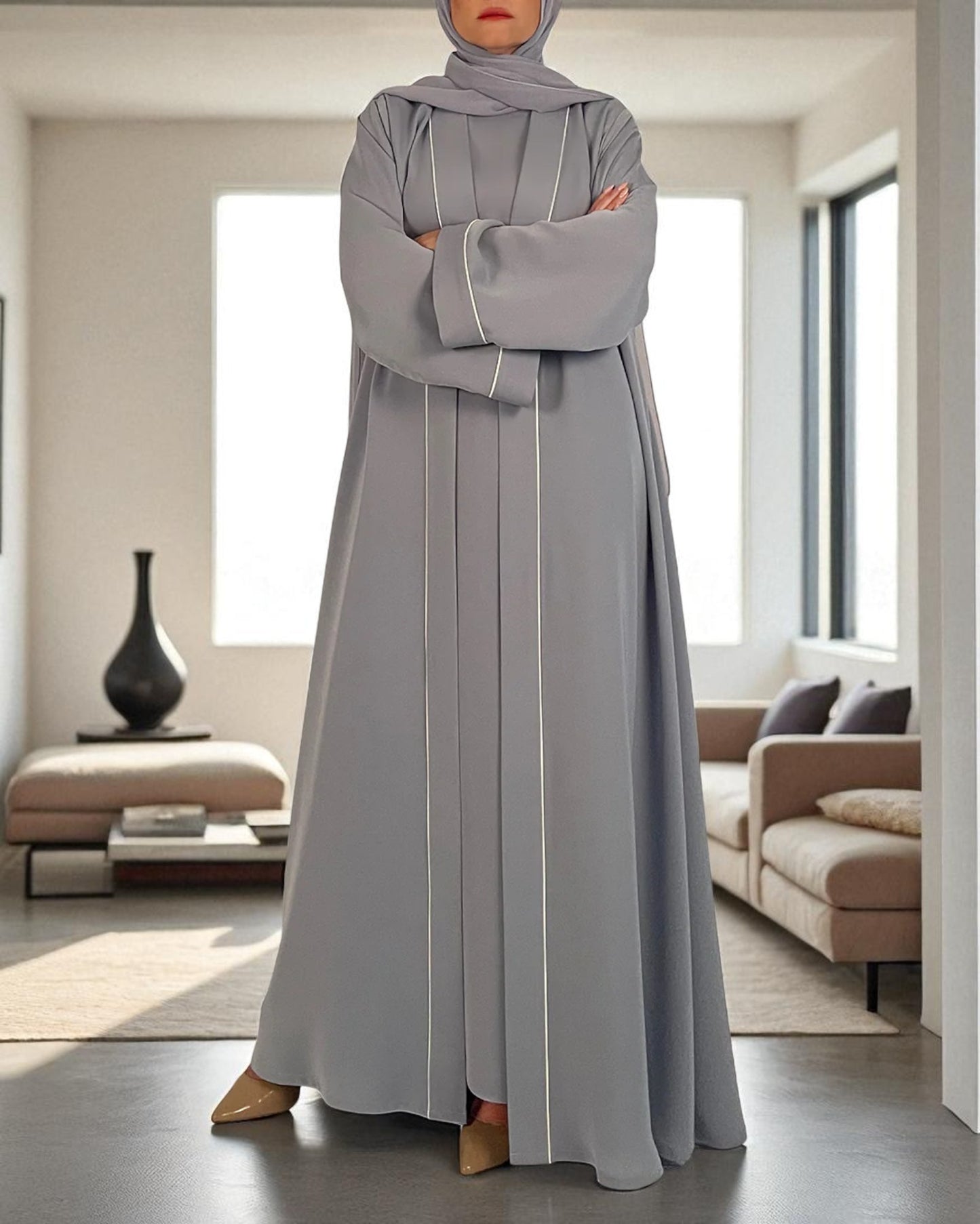 Shrug Abaya Ð Front Open Firdaus Fabric with Contrast Piping and Inner