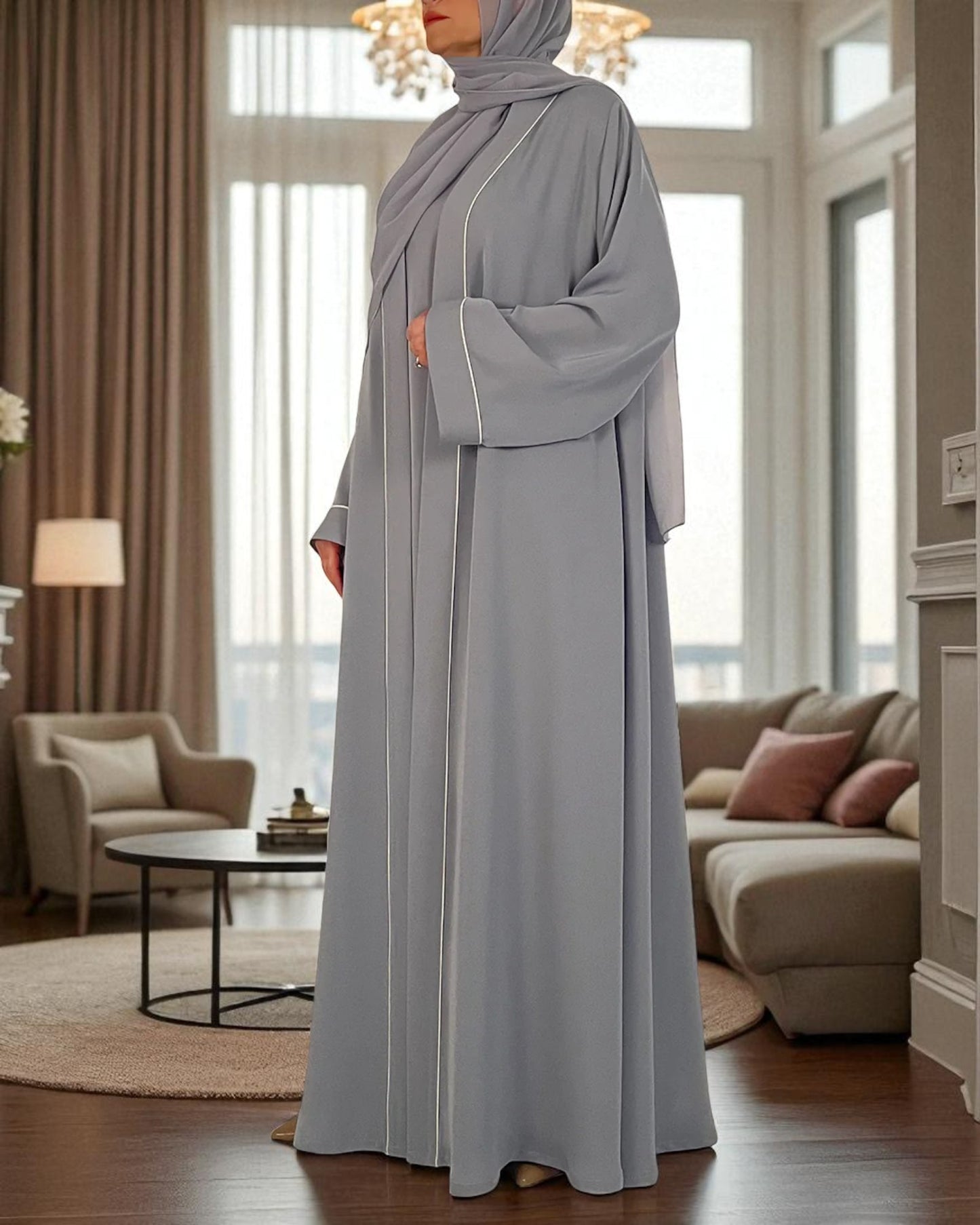 Shrug Abaya Ð Front Open Firdaus Fabric with Contrast Piping and Inner