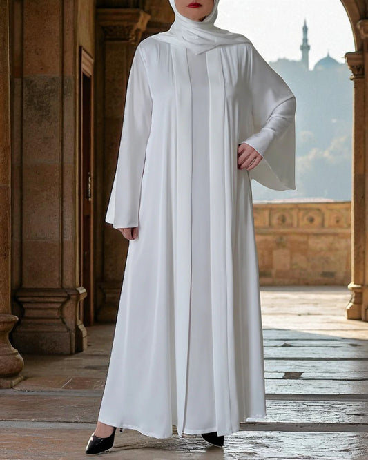 Umra Abaya Ð Front Open White Armani Satin with Sleeveless Inner & Hijab