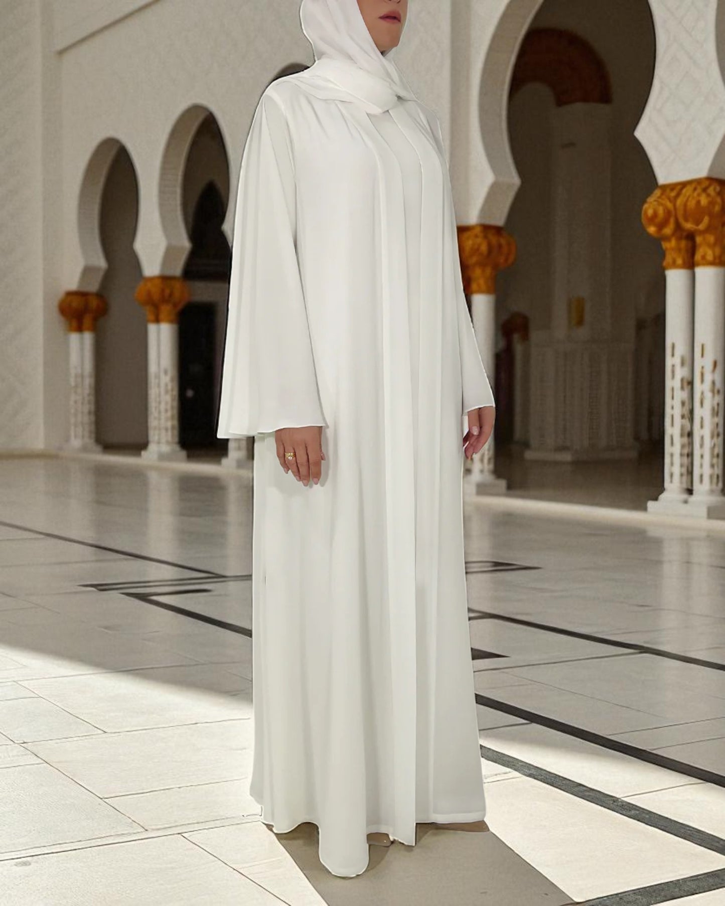 White Burqa for Hajj or Umrah Ð Front Open Prada Fabric Abaya with Inner & Hijab
