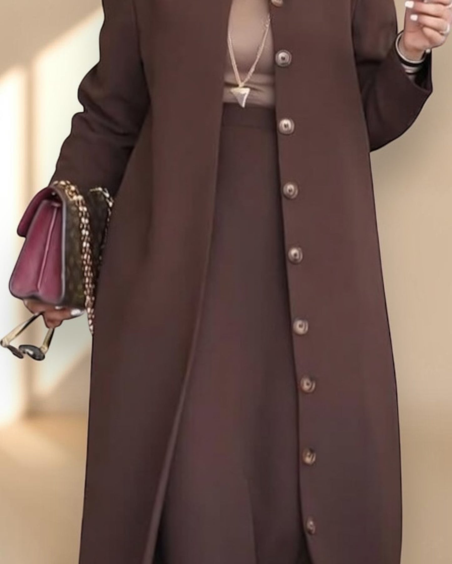 Mahram Brown Flow Crepe Coat-Style Abaya without Lining