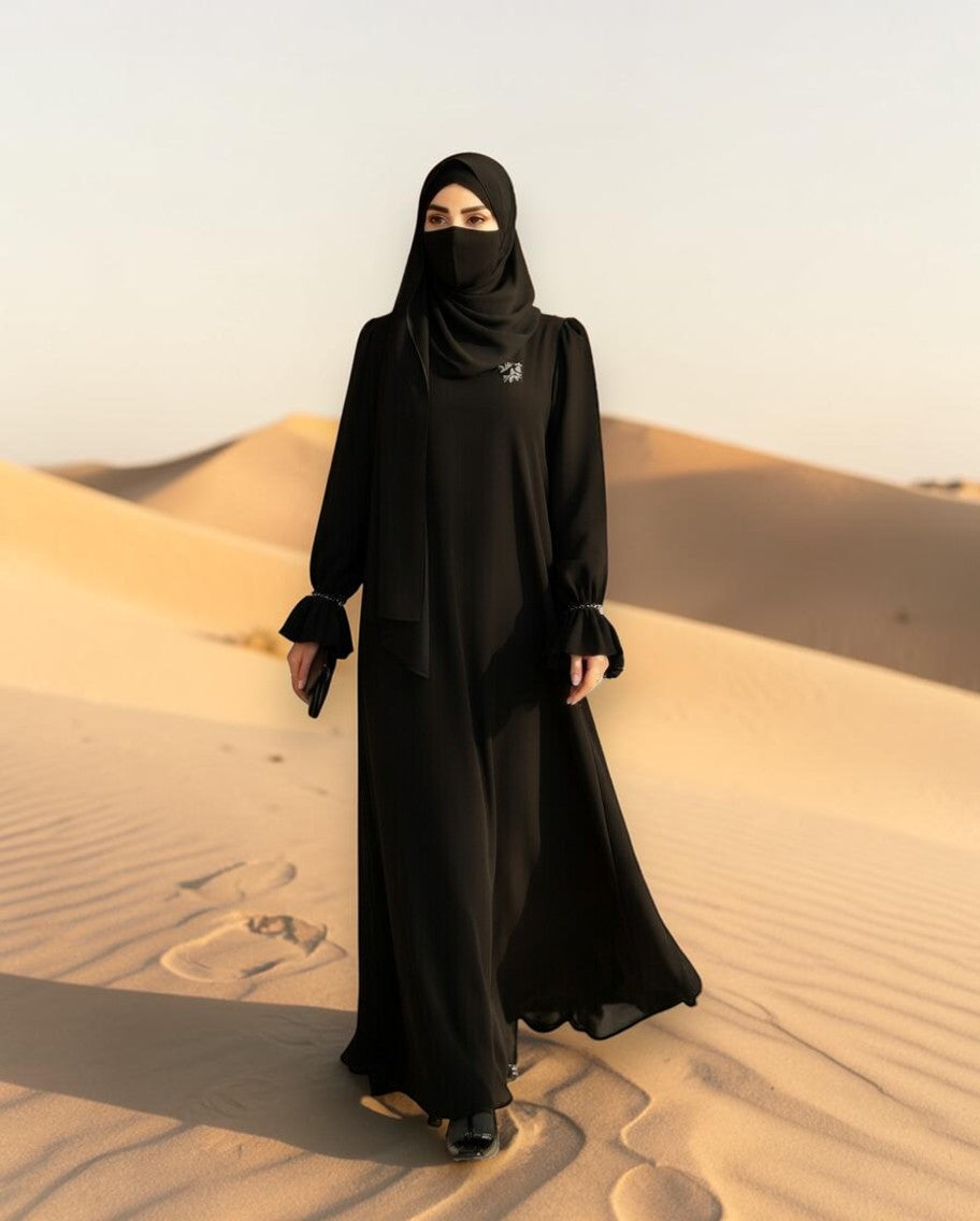 Mahram Black Praada Closed Abaya with Crystal Bell Sleeves and Pockets