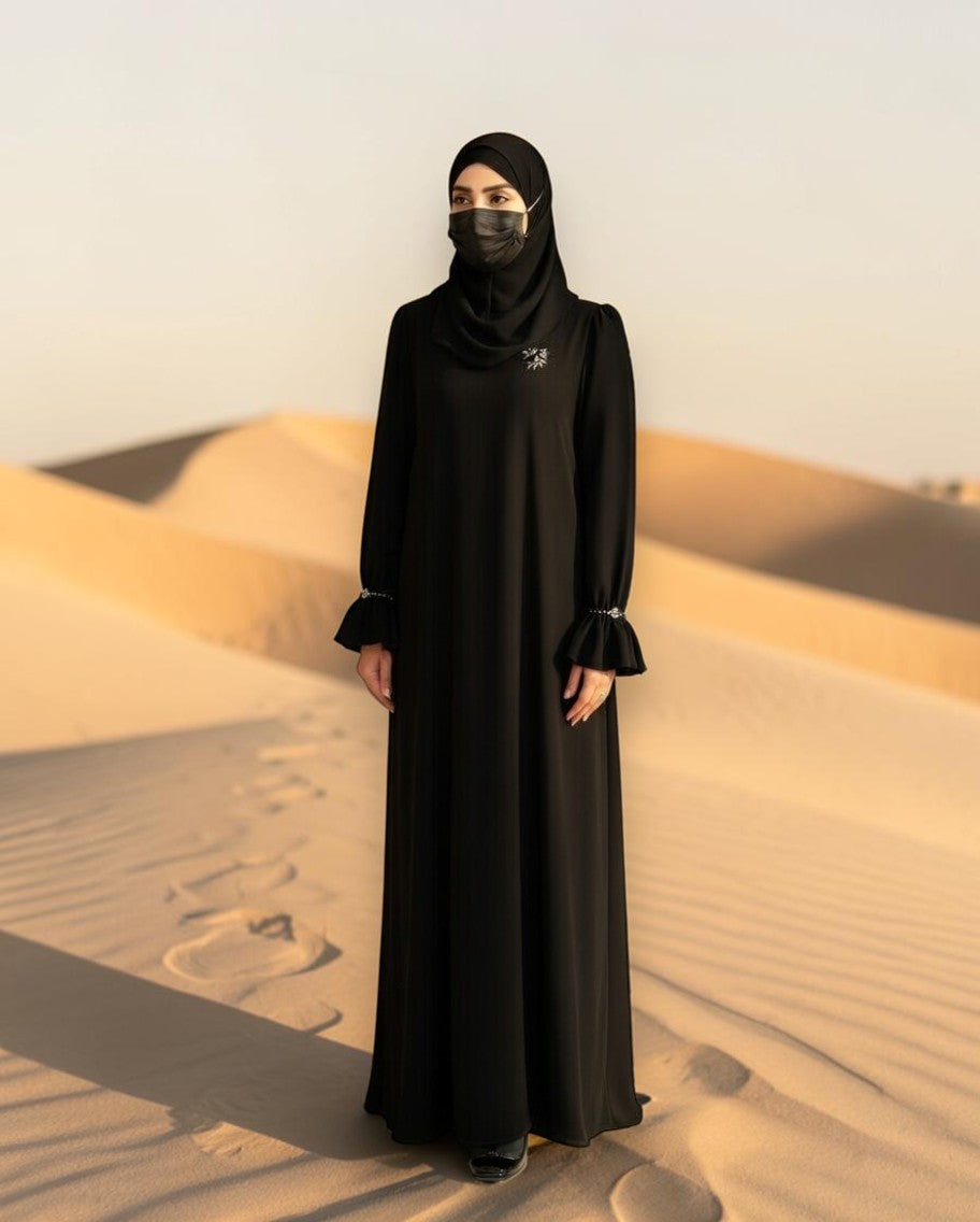 Mahram Black Praada Closed Abaya with Crystal Bell Sleeves and Pockets