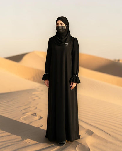 Mahram Black Praada Closed Abaya with Crystal Bell Sleeves and Pockets