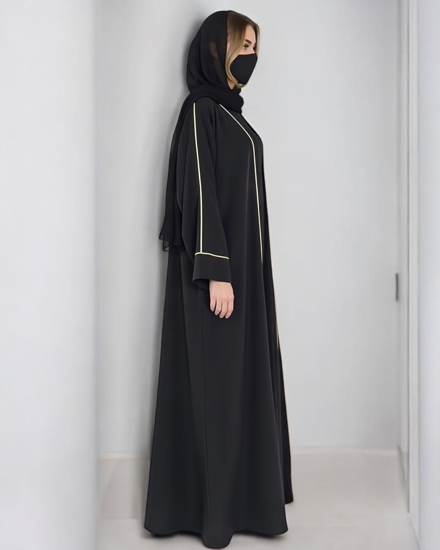 Stylish Burqa with Contrast Piping in Praada Fabric| Black Front Open Abaya