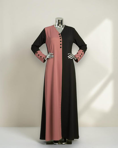 Color-Blocked V-Neck Praada Abaya with Fabric Buttons & Side Pockets