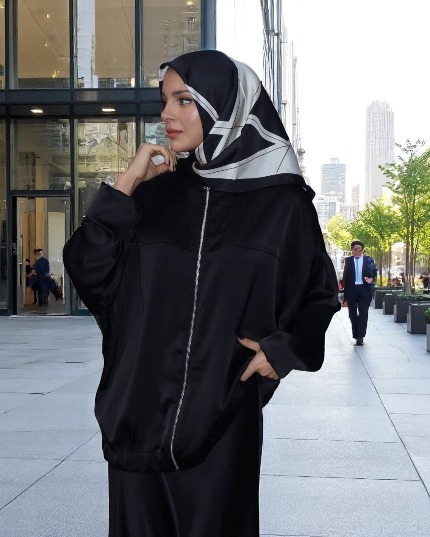 Premium Three-Piece Abaya Set in Tiktok Fabric with Zipper Jacket & Hijab