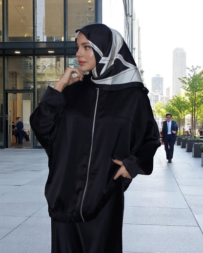 Premium Three-Piece Abaya Set in Tiktok Fabric with Zipper Jacket & Hijab