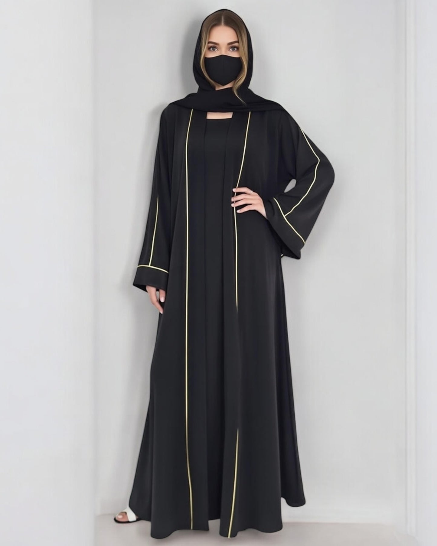 Stylish Burqa with Contrast Piping in Praada Fabric| Black Front Open Abaya