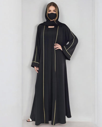 Stylish Burqa with Contrast Piping in Praada Fabric| Black Front Open Abaya