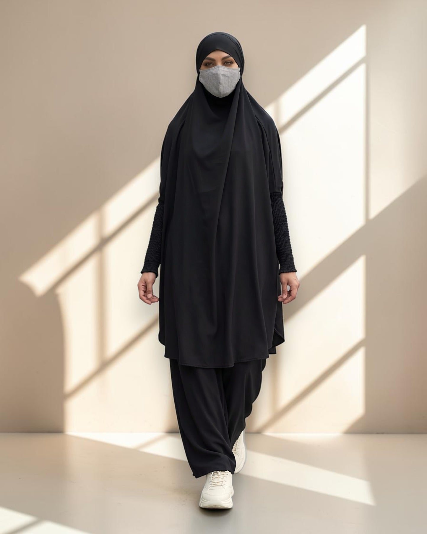 Elegant Two Piece Jilbab Set in Flow Crepe Fabric with Flared Skirt and Full Size Khimar