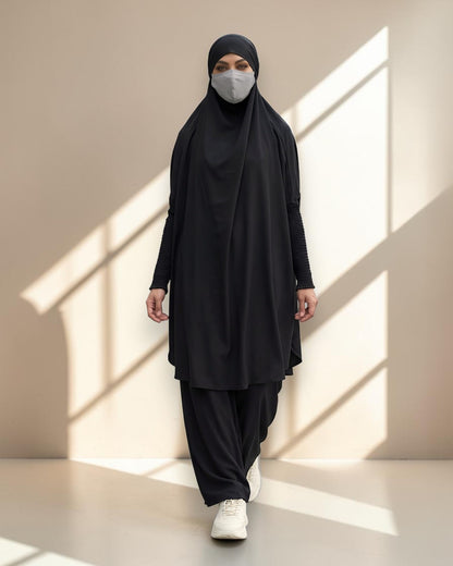 Elegant Two Piece Jilbab Set in Flow Crepe Fabric with Flared Skirt and Full Size Khimar