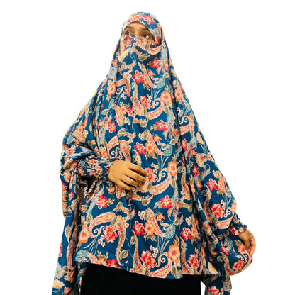 Printed Khimar-Long Prayer Hijab With Attached Mouth-Piece