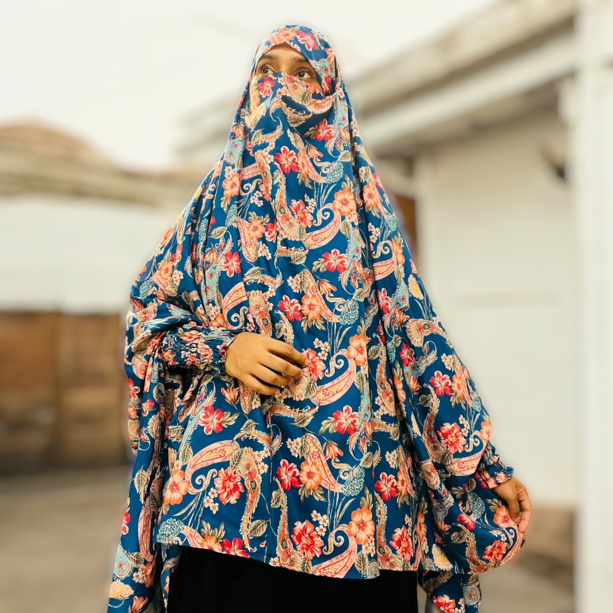 Printed Khimar-Long Prayer Hijab With Attached Mouth-Piece
