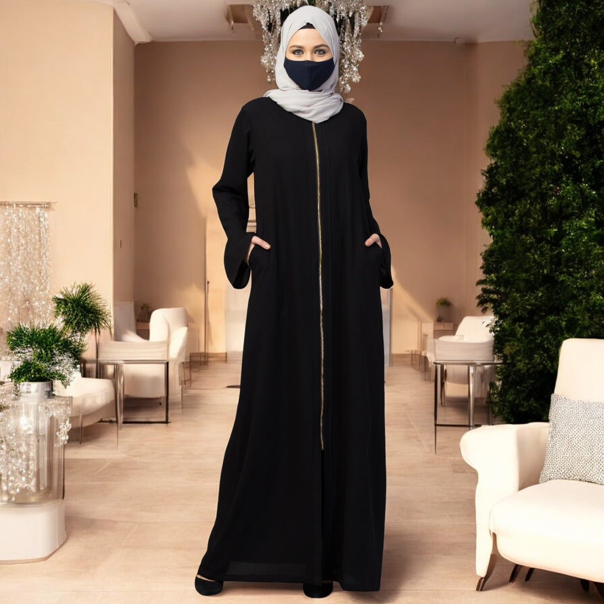 Basic Forn Open Abaya In Premium Fabric With Long Zipper