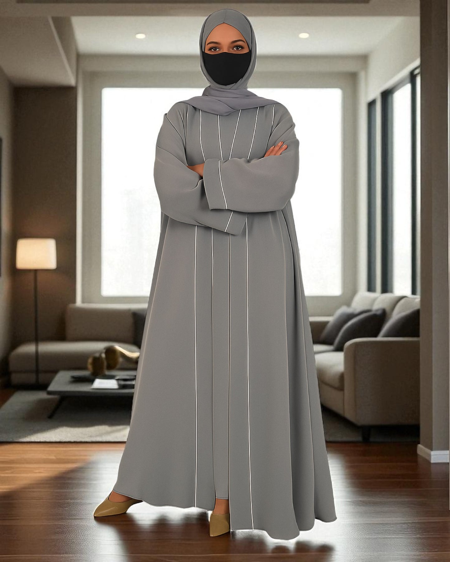 Shrug Abaya Ð Front Open Firdaus Fabric with Contrast Piping and Inner
