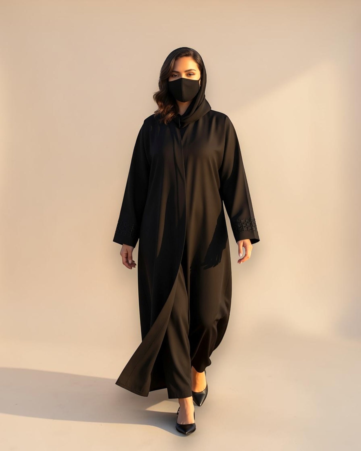 Black Praada Mahram Front-Open Burqa with Side Pockets and Sleeve Embellishments