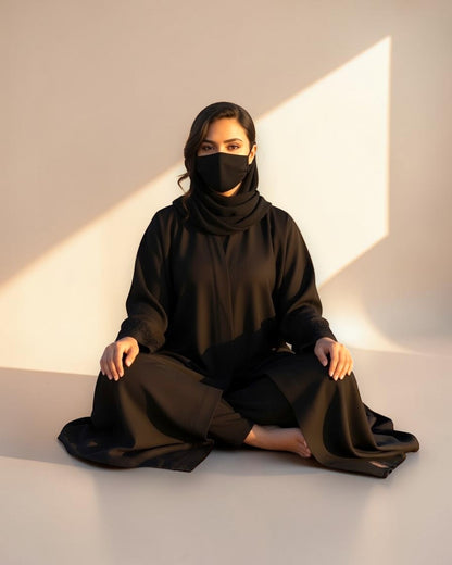Black Praada Mahram Front-Open Burqa with Side Pockets and Sleeve Embellishments