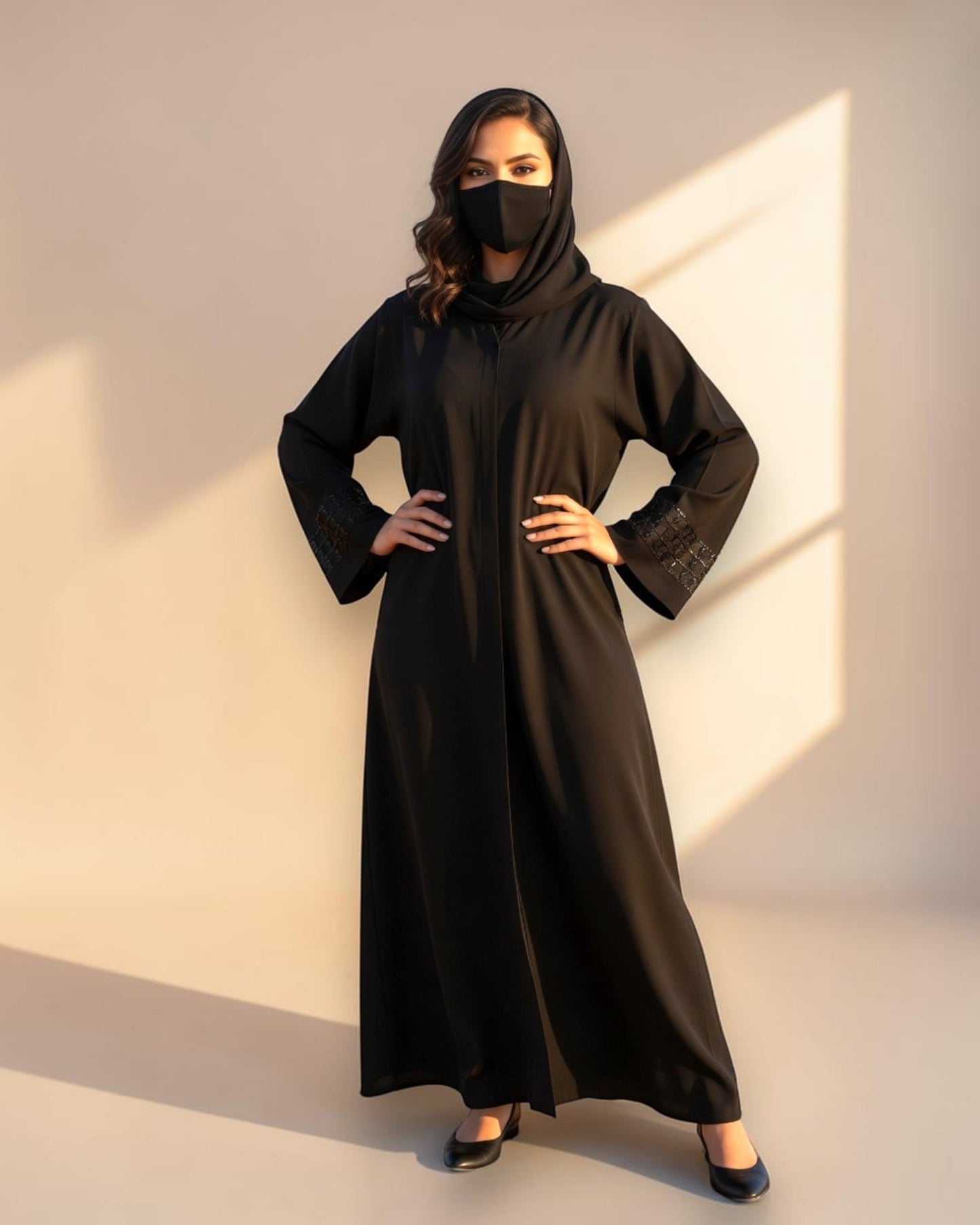 Black Praada Mahram Front-Open Burqa with Side Pockets and Sleeve Embellishments