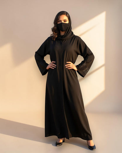 Black Praada Mahram Front-Open Burqa with Side Pockets and Sleeve Embellishments