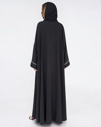 Stylish Burqa with Contrast Piping in Praada Fabric| Black Front Open Abaya