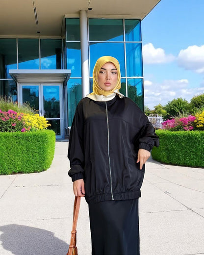 Premium Three-Piece Abaya Set in Tiktok Fabric with Zipper Jacket & Hijab