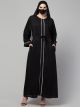 Nida Satin Closed Abaya: Silver Lacework on Sleeves and Front, Wide Sleeves, and Matching Stole-Small