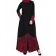 Front Open-Dress Abaya with Printed Georgette Panel-Black-Maroon