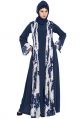 Floral Print-Front Open Designer Dress Abaya-Blue-White